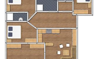 An apartment floor plan with several rooms. The rooms are bright and well-designed, with wooden floors and furniture.