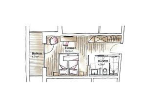 An overview of a living space with one room, one bathroom, and a balcony. The room has an area of 19.5 m² and the toilet is integrated into the bathroom.