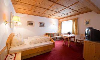Cozy room with wood decor, a single bed, and a sofa bed. A table and chairs, as well as a TV, complete the furnishings.