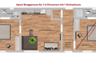 A floor plan for an apartment with one bedroom, suitable for 1-2 people. The apartment includes a kitchen, a living room, and two bedrooms, with a separate entrance.