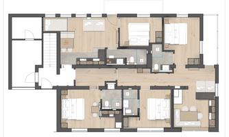 A floor plan drawing of a living space with several bedrooms and bathrooms. The room is designed in a modern style with open living areas.