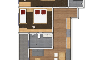 A floor plan drawing of an apartment. The apartment has two bedrooms, a living room, and a bathroom.
