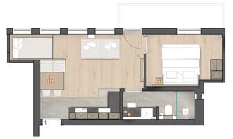 A floor plan of a modern apartment with two bedrooms. The rooms are clearly divided and include a living room, a kitchen, and a bathroom.