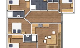 A floor plan of a house with multiple bedrooms and bathrooms. The central living area is open-plan, featuring seating options and a kitchenette.