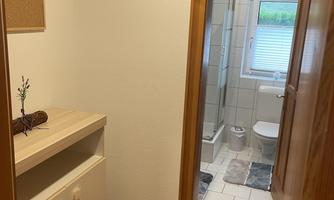 A bright hallway with wooden flooring and a simple shelf. Through a door, a bathroom with a window is visible.