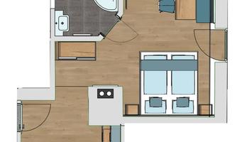 A floor plan of an apartment with one bedroom, a bathroom, and an open kitchen. The floor is made of wood and the furniture is simply designed.