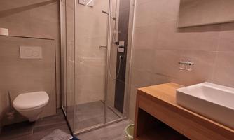 A modern bathroom with a glass shower and an elegant sink. The room has a neutral design and includes a carpet as well as towels in various colors.