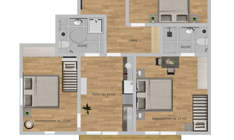 Floor plan drawing Mountain view with 3 rooms, kitchen & private balcony.