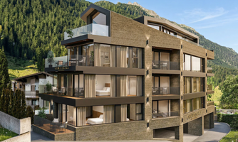 A modern building in the mountains with large windows and a contemporary design. Surrounded by green trees and a picturesque landscape.