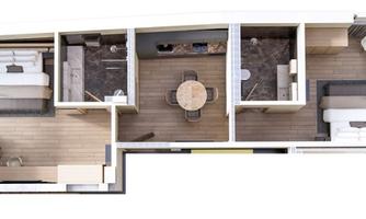 An overview of a modern living space with multiple rooms. There are bedrooms, a bathroom, and a living area with a table and chairs.