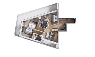 A modern apartment layout with several rooms. The furnishings are stylish and brightly designed.