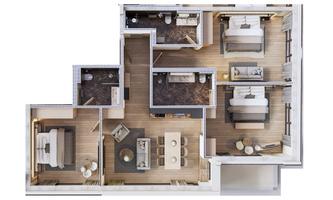 A modern apartment with several bedrooms and a cozy living area. The layout is practical and inviting.