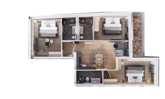 A modern apartment view with two bedrooms, a living room, and an open kitchen. The floor plan shows a bright and inviting room layout.