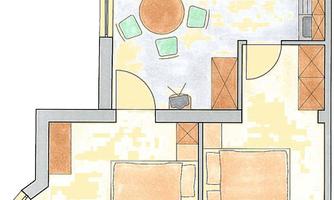 A simple floor plan sketch of an apartment with a living room, kitchen, two bedrooms, and a balcony. The rooms are color-coded and clearly arranged.