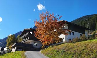 A beautiful autumn day with a paved path leading to a charming building. A bright blue sky and a tree with colorful leaves complete the scene.