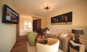 A cozy living space with a modern sofa, two chairs, and a television. A picture of a rural landscape in warm colors is hung on the wall.