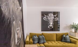 A stylish apartment with a comfortable yellow sofa and a large cow picture on the wall. Soft cushions in various colors are lying on the sofa.