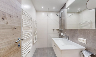 A modern bathroom with a white sink and mirror. The walls are in light tones and there is a shower with a clear design aesthetic.