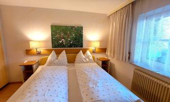 A cozy bedroom with two beds and a green picture on the wall. The windows let in a lot of daylight, and there are warm lamps on the nightstands.