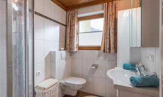 A modern bathroom with a shower, sink, and toilet. The wooden ceiling creates a cozy atmosphere.