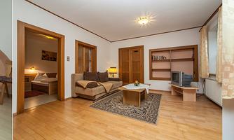 A cozy apartment with one bedroom, a living room, and a kitchenette. The rooms are bright and well furnished.