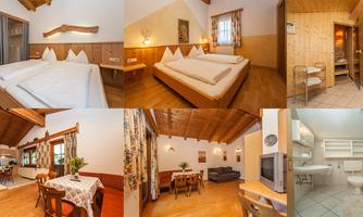 A cozy room with wooden decor, a double bed, and a dining area. The picture also shows a modern bathroom and various living areas.