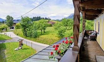 A view from a balcony with blooming geraniums and a green landscape. In the background, trees and houses can be seen.