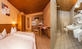 A cozy bedroom with two beds and a small kitchen. On the right is a modern bathroom with a shower and sink.