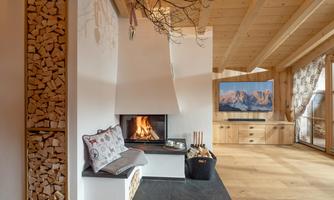 A cozy living space with a modern fireplace and a wooden shelf. The wooden ceiling and floor give the surroundings a warm atmosphere.