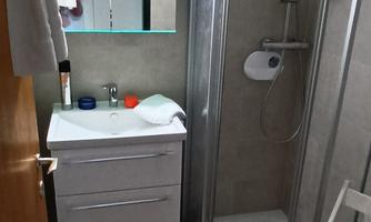 A modern bathroom featuring a shower, a sink, and a large mirror. The floor is covered with a beige carpet and there is a wooden chair.