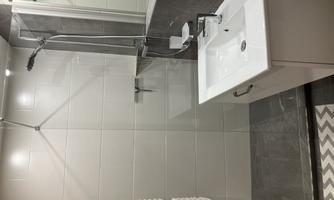 A modern bathroom with a shower and an elegant sink. The walls are lightly tiled, and there is a towel radiator.