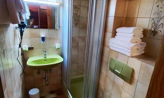 A small bathroom with a shower, a sink, and a toilet in striking green. The walls are tiled, and there are fresh towels.