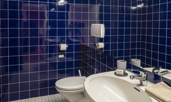 A modern bathroom with blue tiles. It contains a sink, a toilet, and basic hygiene items.