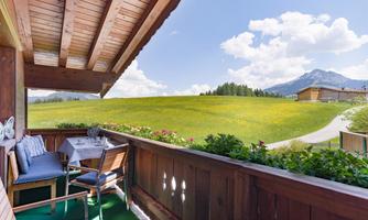 A cozy balcony with a wooden railing and seating. In the background, a green meadow stretches under a clear sky.