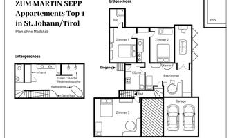 Floor plan of an apartment building in St. Johann/Tyrol. The image shows the layout of the rooms on the ground floor and basement, including the kitchen, bathroom, and garage.