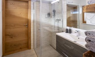 A modern bathroom with a glass shower and an elegant vanity. The walls are light and the floor is neutral, while a wooden ceiling and a wooden door provide warmth.