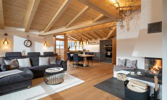 A stylish living room with a wooden ceiling and a cozy fireplace. Modern furniture and an inviting atmosphere create a pleasant space.