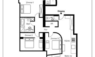 A floor plan of an apartment called Top 15 in St. Johann, Tyrol. The plan shows rooms, kitchen, bathroom, and balcony.