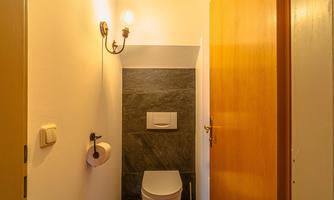 A small, modern bathroom with a toilet and a sink. The walls are bright, and there is a wood and a stone surface.