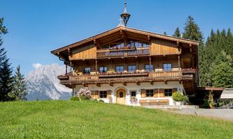 A traditional wooden house in the mountains, surrounded by green meadows and tall firs. In the background, impressive mountains can be seen.