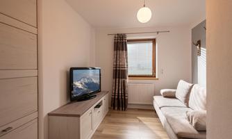A cozy living room with a gray sofa and a television. The room has a window with a view and light wooden floors.