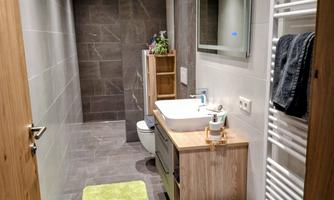 A modern bathroom with a wooden cabinet and a sink. A green carpet is on the floor, and a towel warmer is hanging on the wall.