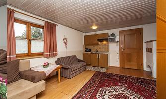 A cozy living room with seating, a dining table, and a small kitchen. The picture also shows a bathroom with a shower and toilet.
