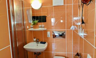 A modern bathroom with orange tiles. There is a shower, a sink, and a toilet.