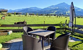 A cozy terrace with a table and chairs, surrounded by a green meadow and mountains in the background. The sky is clear and the landscape looks inviting.