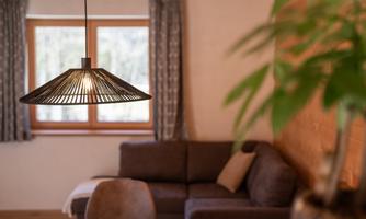 A stylish living room with a modern lamp and a cozy sofa. The windows let in plenty of daylight, creating an inviting atmosphere.