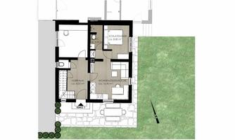 A floor plan drawing of a house with two bedrooms, a living area, and a hallway. The garden area is drawn next to the house.