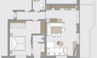 A floor plan drawing of an apartment with one bedroom, one living room, and an open kitchen. The rooms are arranged simply and functionally.
