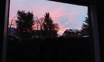A beautiful sunset with pink and blue colors. Trees and rooftops are visible in the foreground.