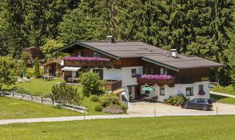A charming country house with colorful flowers on the balcony. Surrounded by green meadows and tall trees.